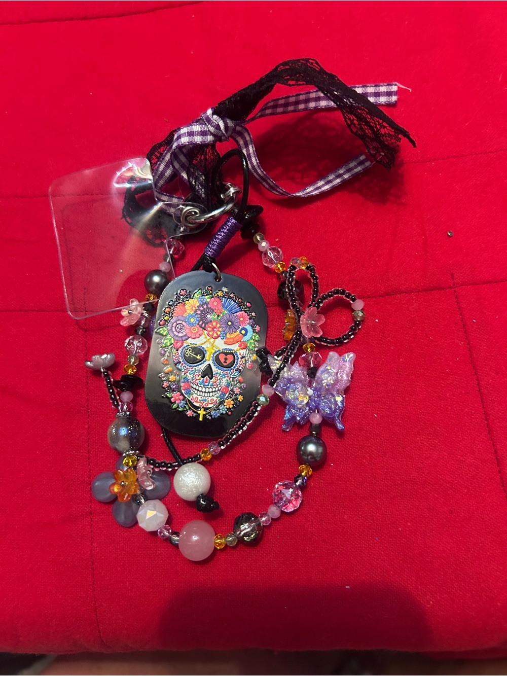 Hand-Painted Sugar Skull Pendant bag charm chain  - Black with Pink Accents